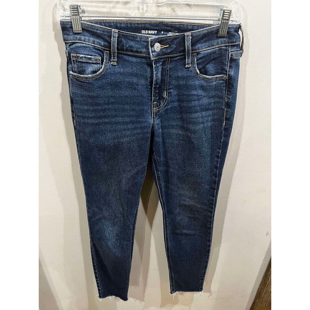 Old Navy Jeans Womens 2 Skinny Rockstar Blue Mid RiseDenim Frayed Casual Y2K